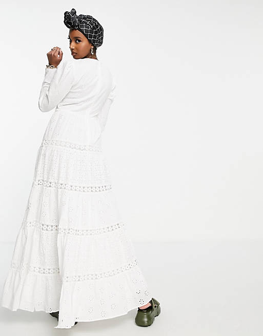 Womens Clothing Dresses Casual and summer maxi dresses ASOS Shirred Mixed Broderie Tiered Maxi Dress With Lace Inserts in White 