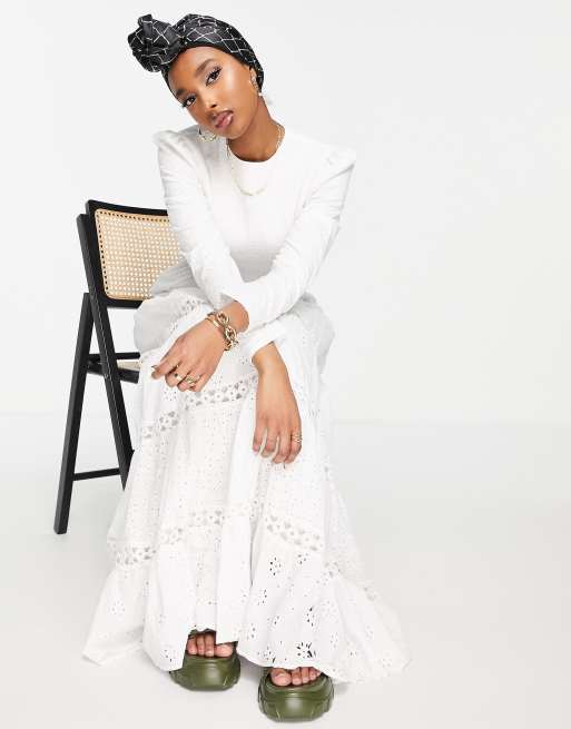 ASOS DESIGN shirred mixed broderie tiered maxi dress with lace inserts in  white