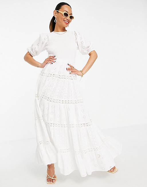 ASOS DESIGN shirred mixed broderie tiered maxi dress with lace inserts in  white