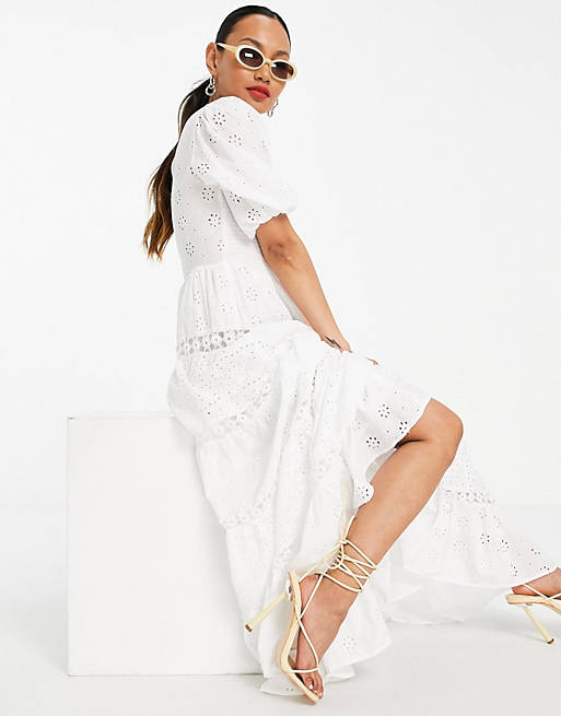  shirred mixed broderie tiered maxi dress with lace inserts in white 