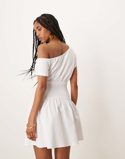 ASOS DESIGN shirred off shoulder flippy mini dress with poplin skirt in white, 4 of 4