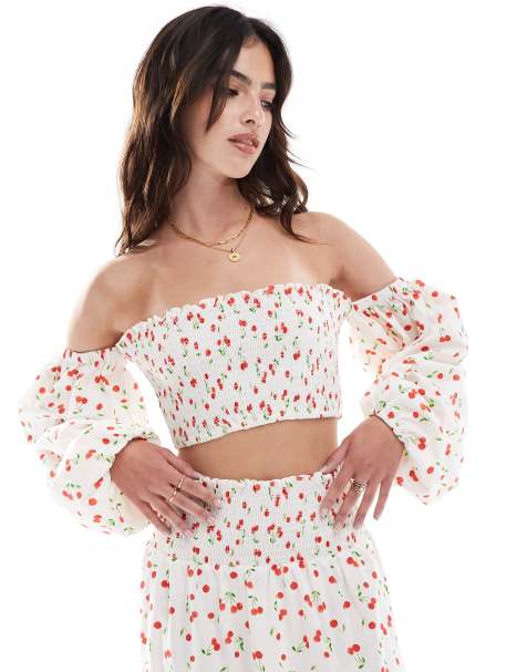 ASOS DESIGN shirred off shoulder top in cherry print co-ord