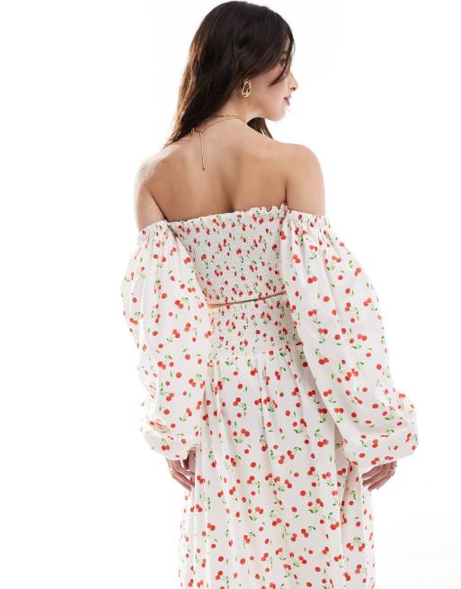 ASOS DESIGN shirred off shoulder top in cherry print - part