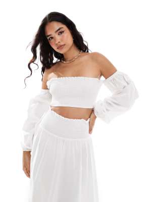 Asos Design Shirred Off Shoulder Top In White - Part Of A Set