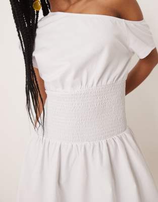 ASOS DESIGN SHIRRED OFF THE SHOULDER FLIPPY MINI DRESS WITH POPLIN SKIRT 