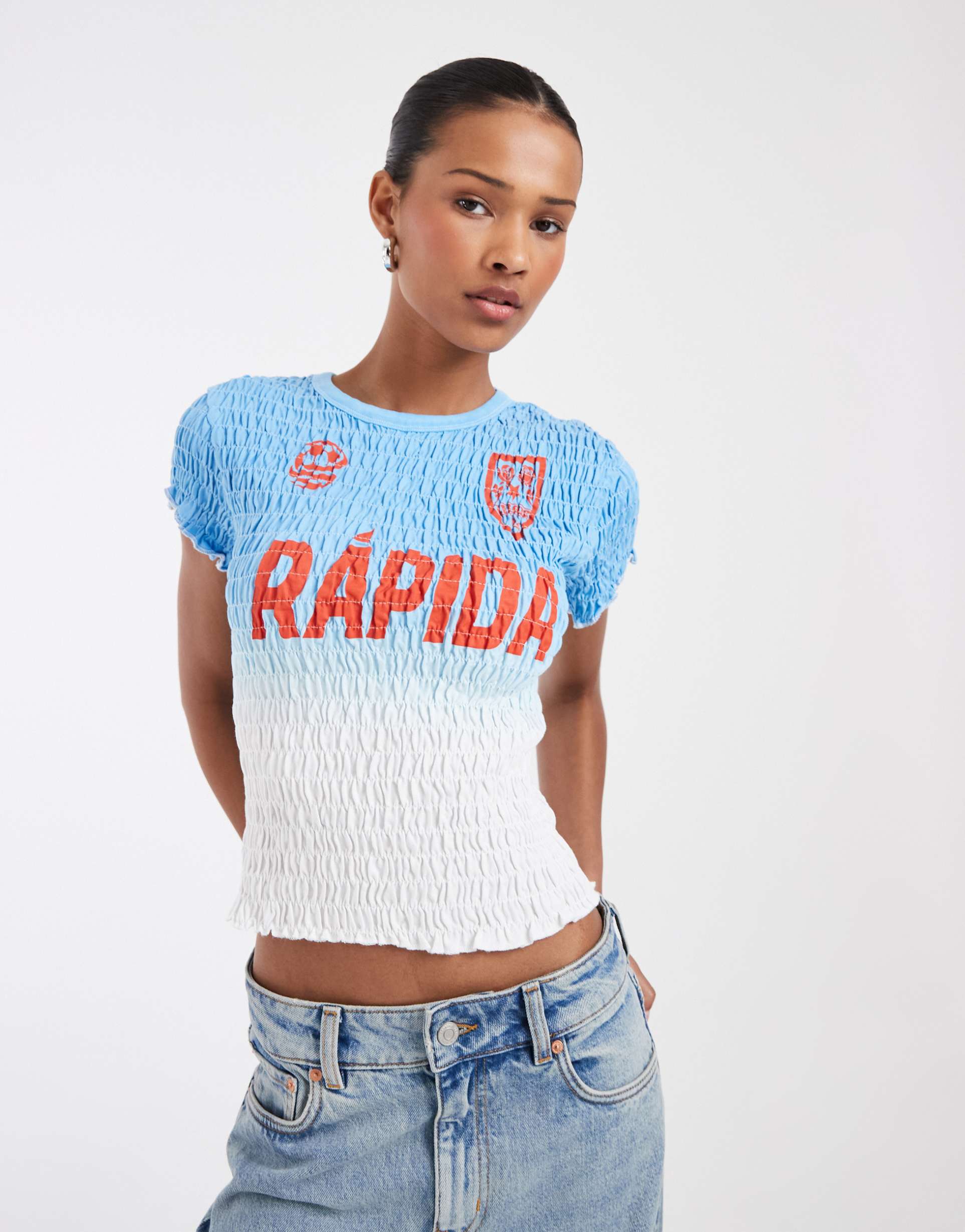asos design shirred ombre soccer shirt in ice blue