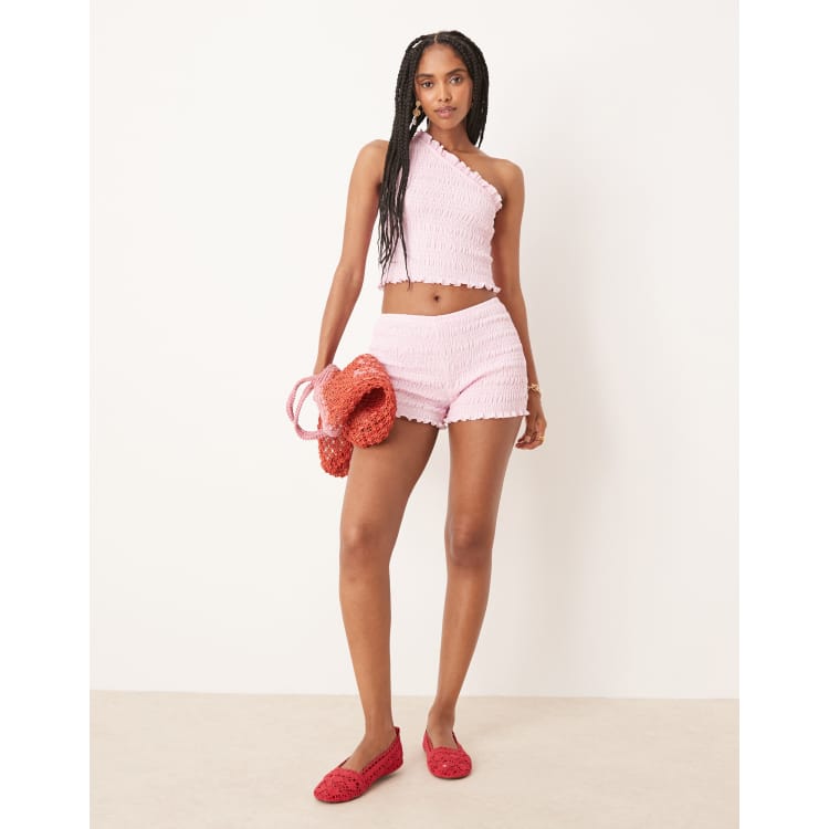 ASOS DESIGN shirred one-shoulder top and shorts set in pink