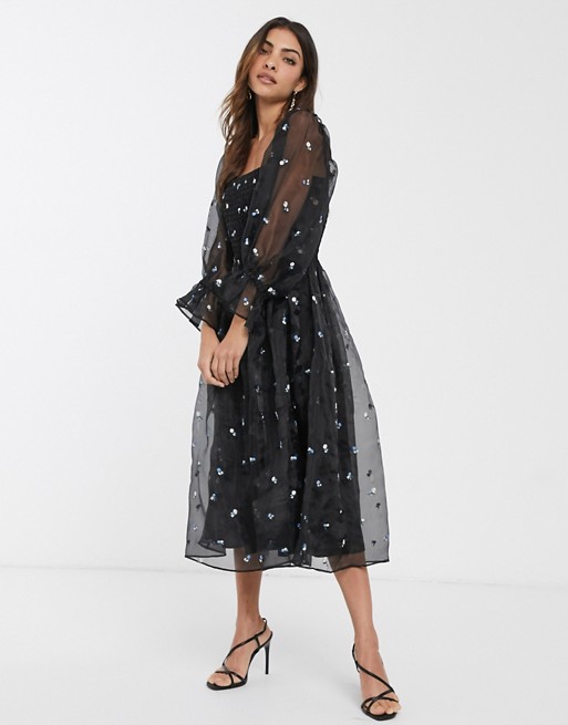 ASOS DESIGN shirred organza midi dress with all over embroidery in black