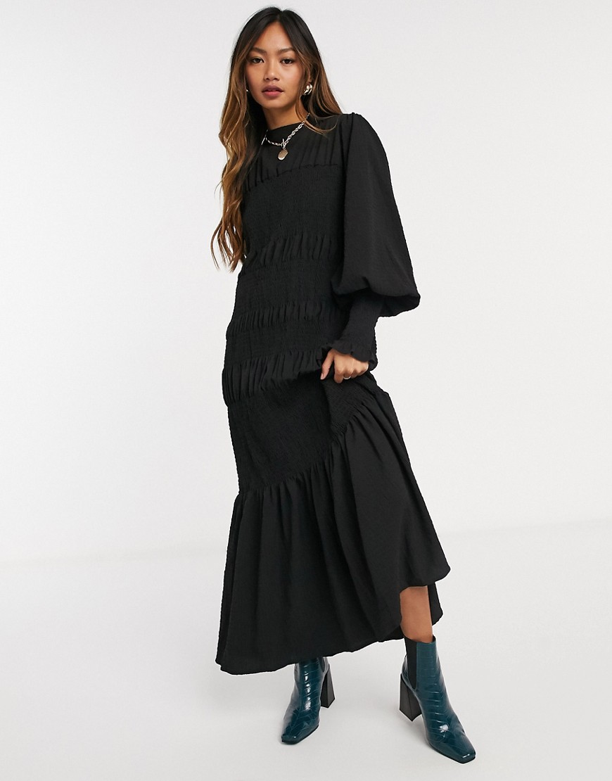 Asos Design Shirred Pep Hem Midi Dress In Black