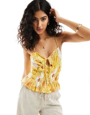 Asos Design Shirred Peplum Cami Sun Top In Yellow Floral Print-multi