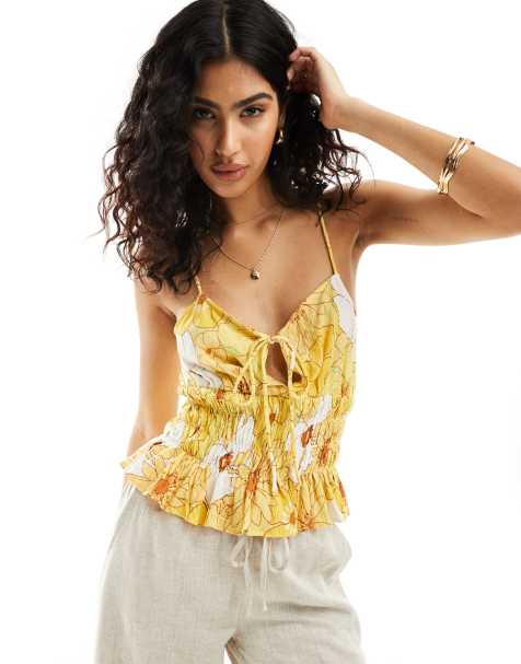 ASOS DESIGN shirred peplum cami suntop in yellow floral print - view 1
