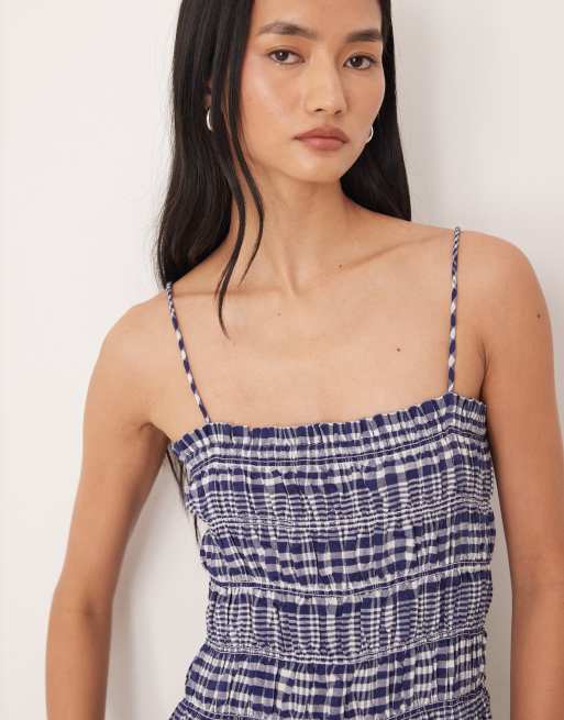 ASOS DESIGN shirred peplum jumpsuit in navy gingham, 3 of 4