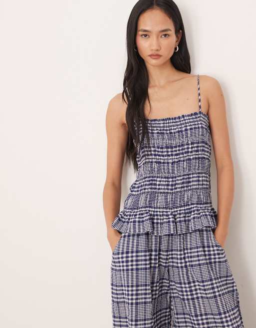 ASOS DESIGN shirred peplum jumpsuit in navy gingham, 4 of 4