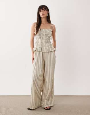 Asos Design Shirred Peplum Jumpsuit In Neutral