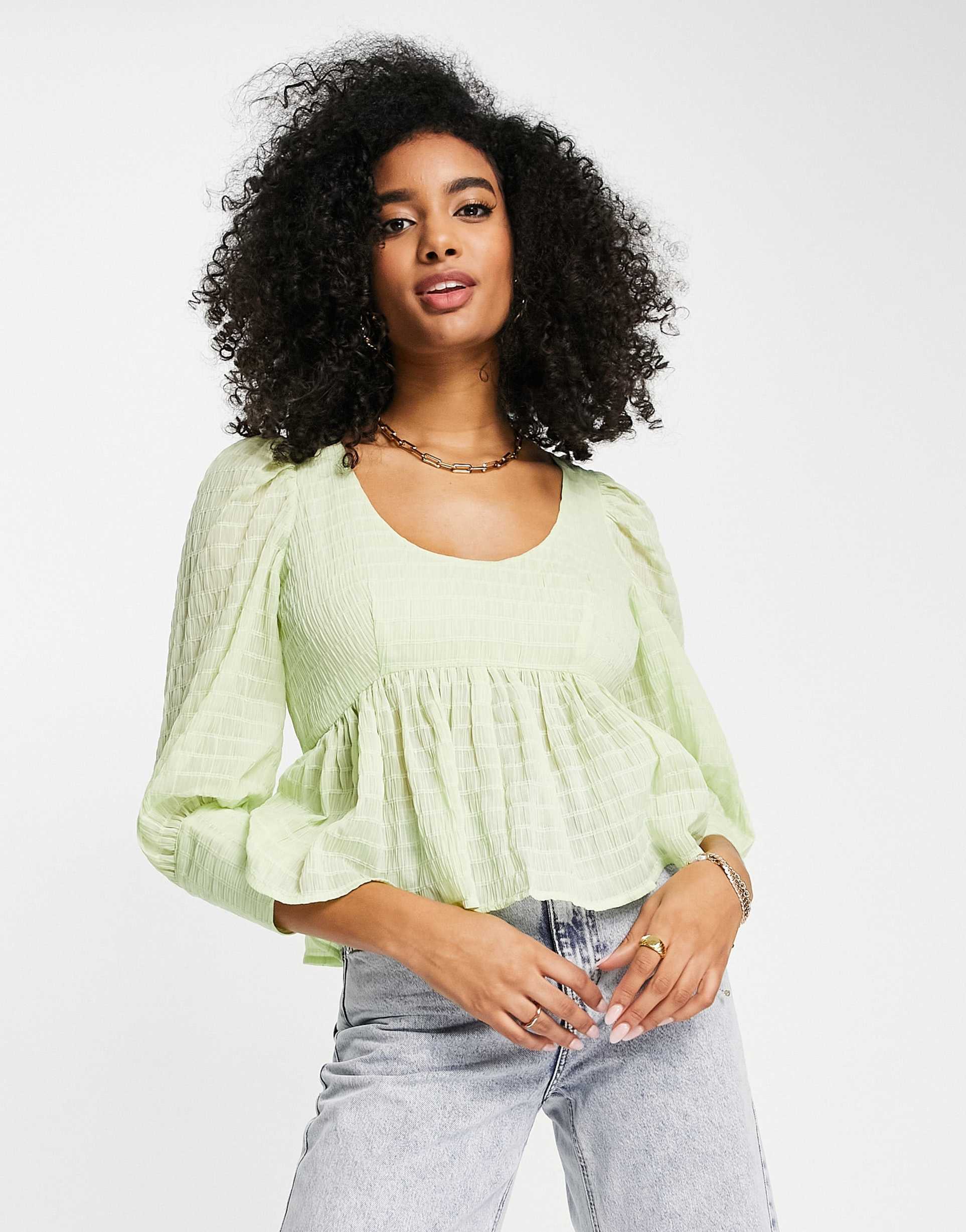 asos design shirred peplum top with deep cuff in sage green