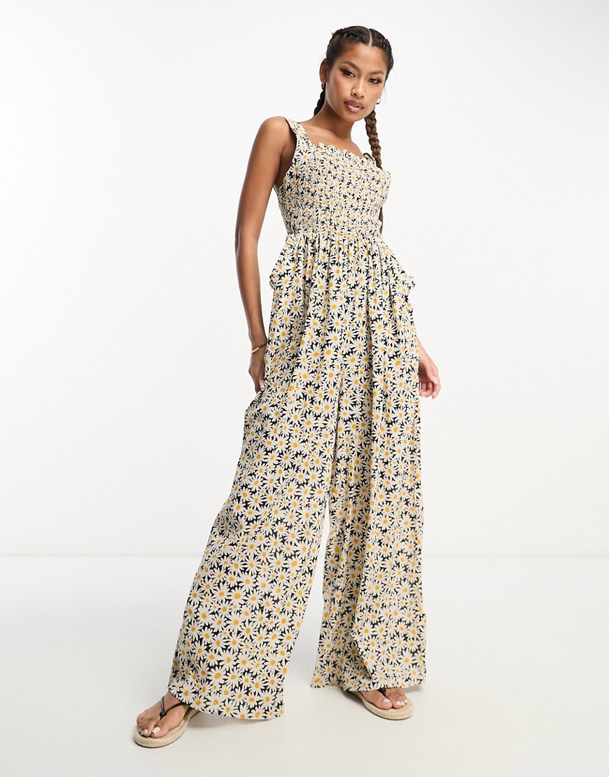 Asos Design Shirred Pinafore Jumpsuit In Daisy Print-Multi