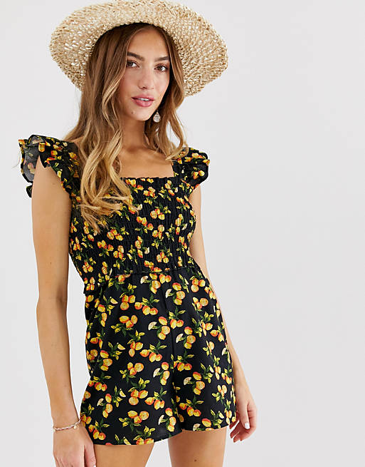 ASOS DESIGN shirred playsuit with frill sleeve in fruit print | ASOS