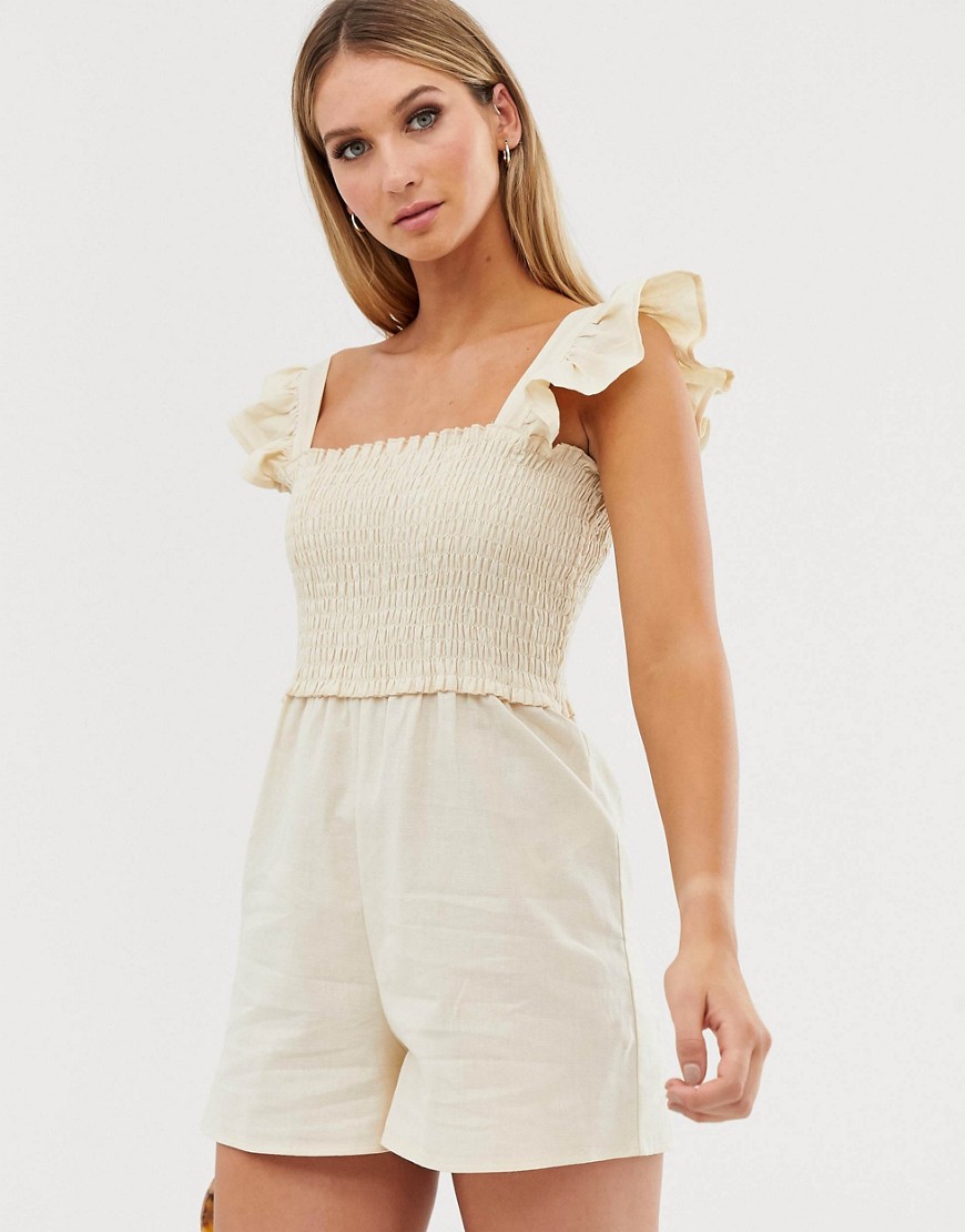 ASOS DESIGN shirred playsuit with frill sleeve-Beige