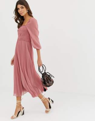 asos design shirred pleated midi dress