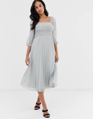 grey pleated midi dress