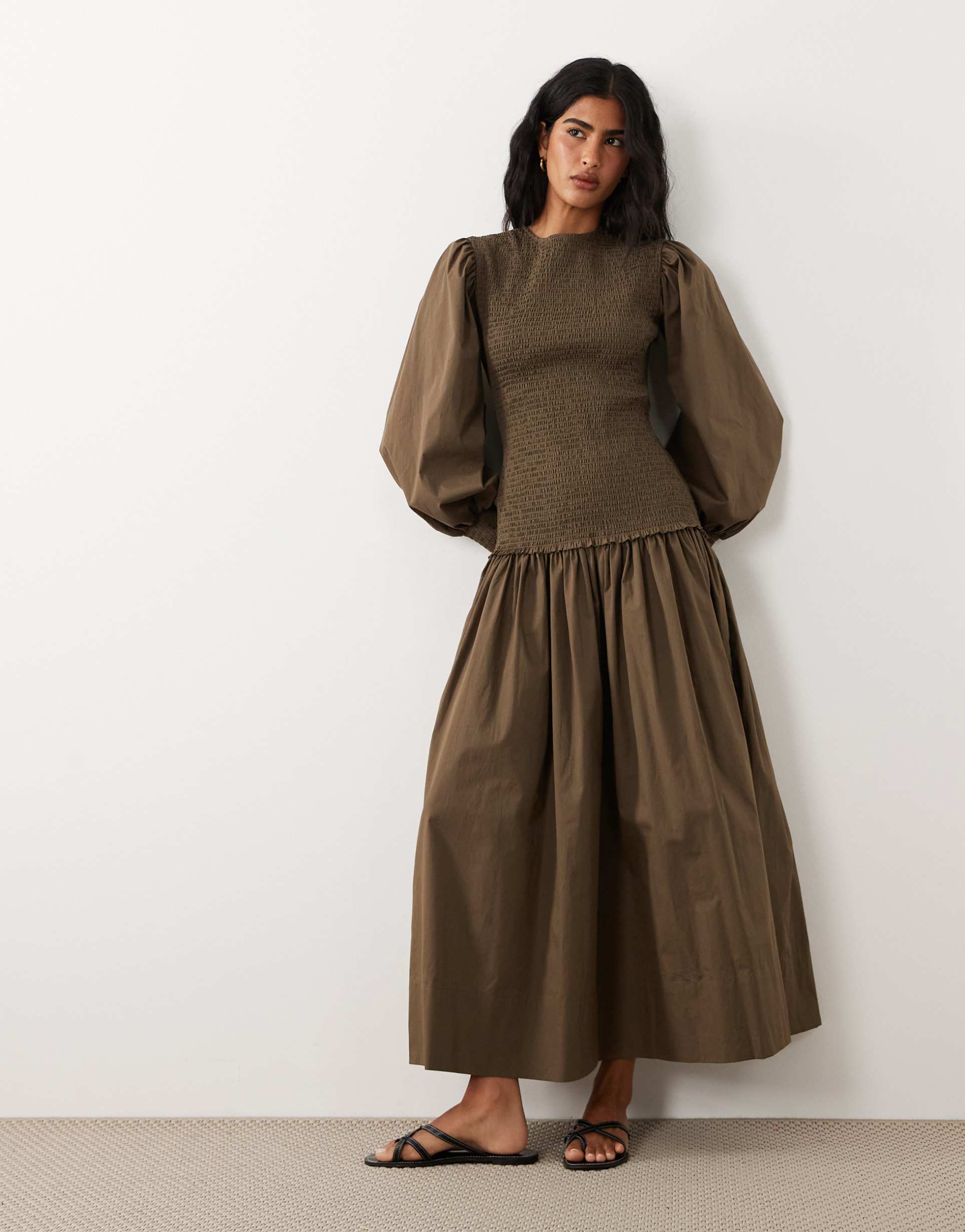 asos design shirred poplin maxi dress in brown