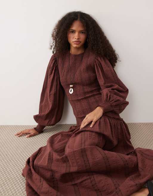 ASOS DESIGN shirred poplin maxi dress in burgundy check, 2 of 4