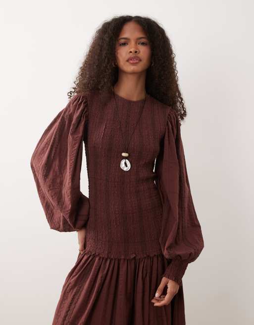 ASOS DESIGN shirred poplin maxi dress in burgundy check, 3 of 4
