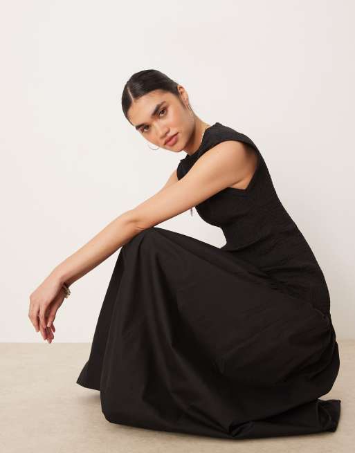 ASOS DESIGN shirred poplin maxi dress with dropped waist in black, 2 of 4