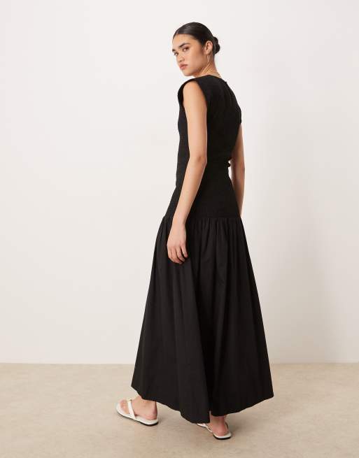 ASOS DESIGN shirred poplin maxi dress with dropped waist in black