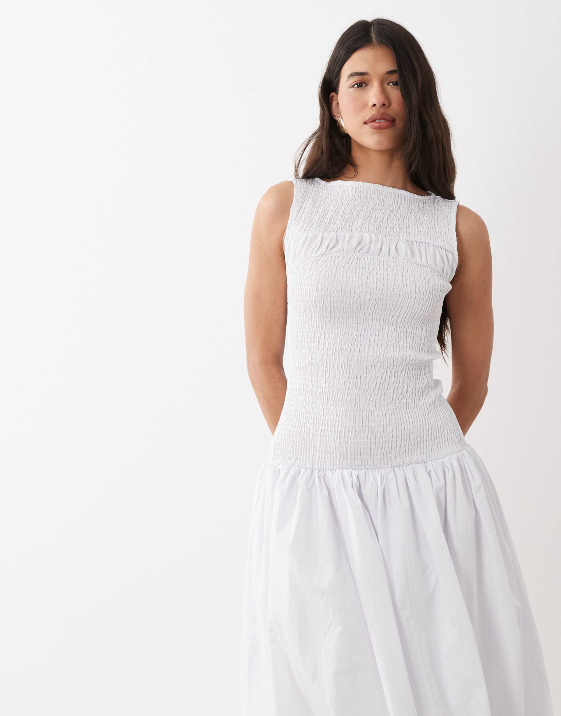 asos design shirred poplin maxi dress with volume skirt in cream