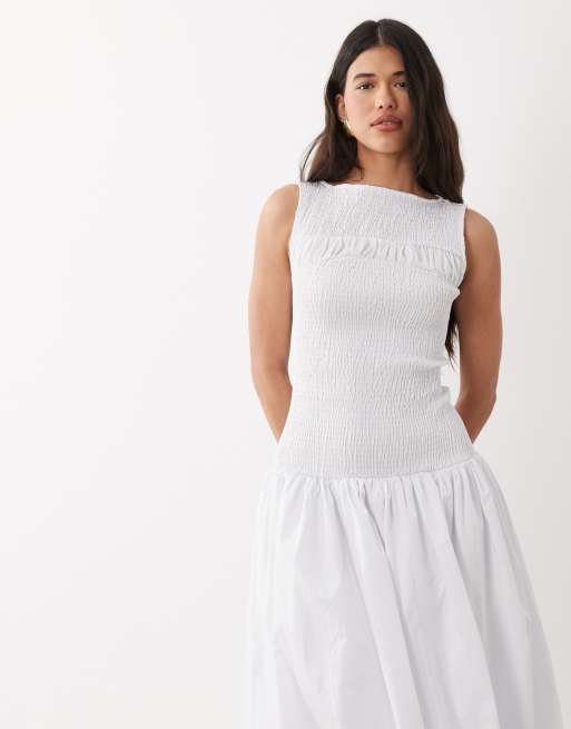 ASOS DESIGN shirred poplin maxi dress with volume skirt in cream, 2 of 4