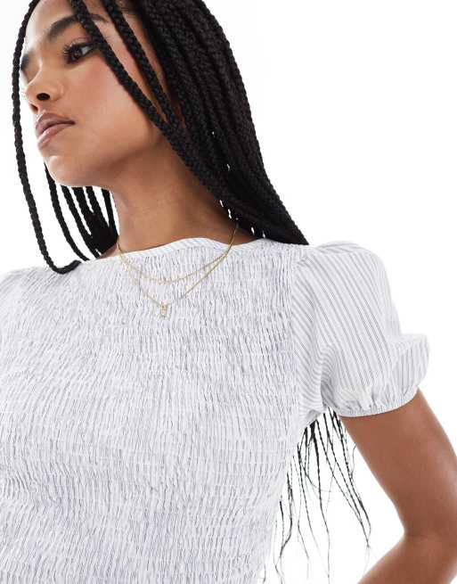 ASOS DESIGN shirred puff sleeve blouse in blue stripe