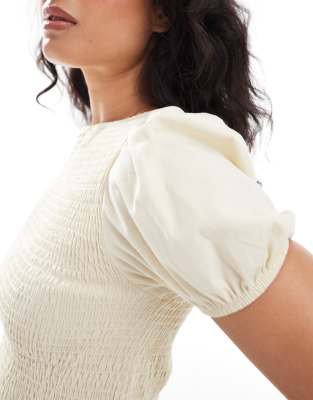 Asos Design Shirred Puff Sleeve Blouse In Neutral