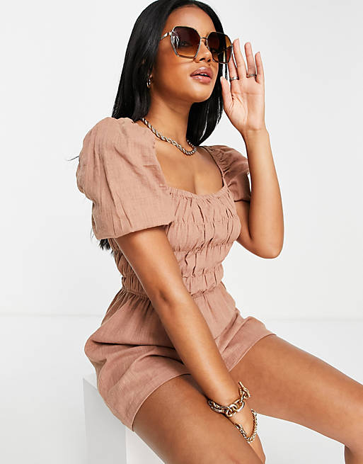 ASOS DESIGN shirred puff sleeve playsuit in brown