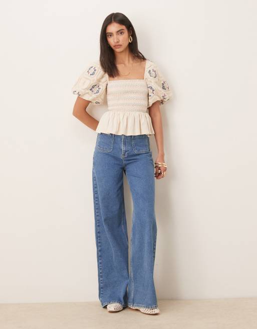 ASOS DESIGN shirred puff sleeves peplum hem top in ivory | ASOS