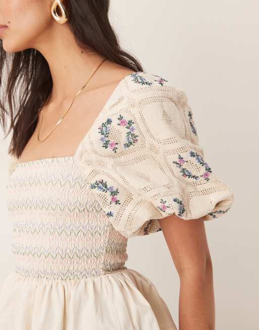 ASOS DESIGN shirred puff sleeves peplum hem top in ivory | ASOS