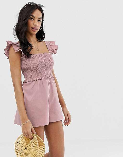 ASOS DESIGN shirred romper with frill sleeve