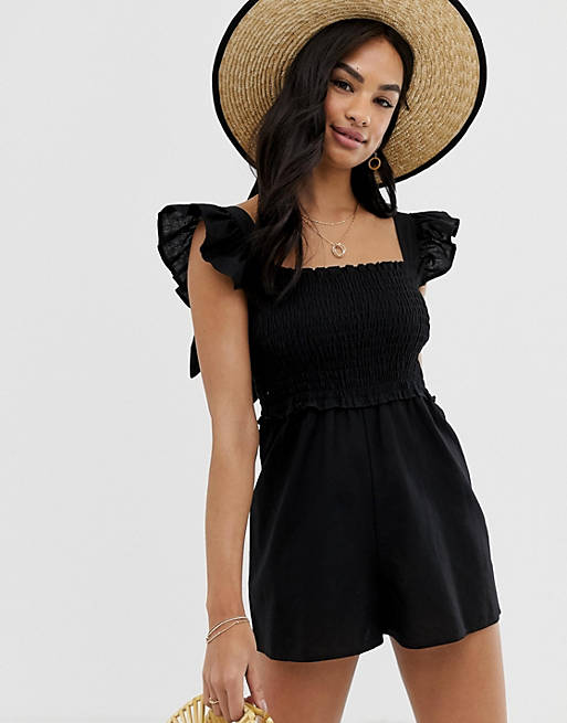 ASOS DESIGN shirred romper with frill sleeve