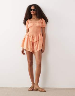 Asos Design Shirred Romper With Ruffle Shorts In Pink