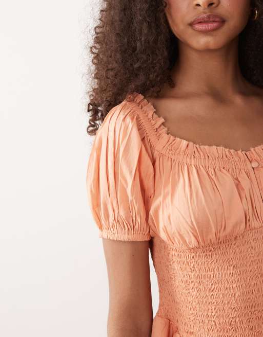 ASOS DESIGN shirred romper with ruffle shorts in coral, 3 of 4