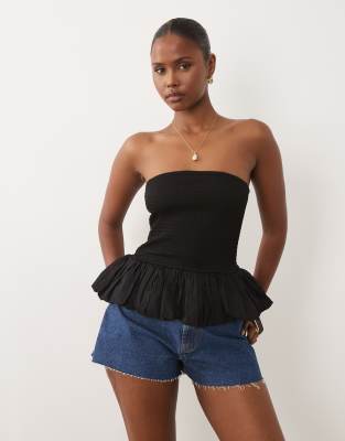 Asos Design Shirred Ruffle Hem Bandeau Top In Black