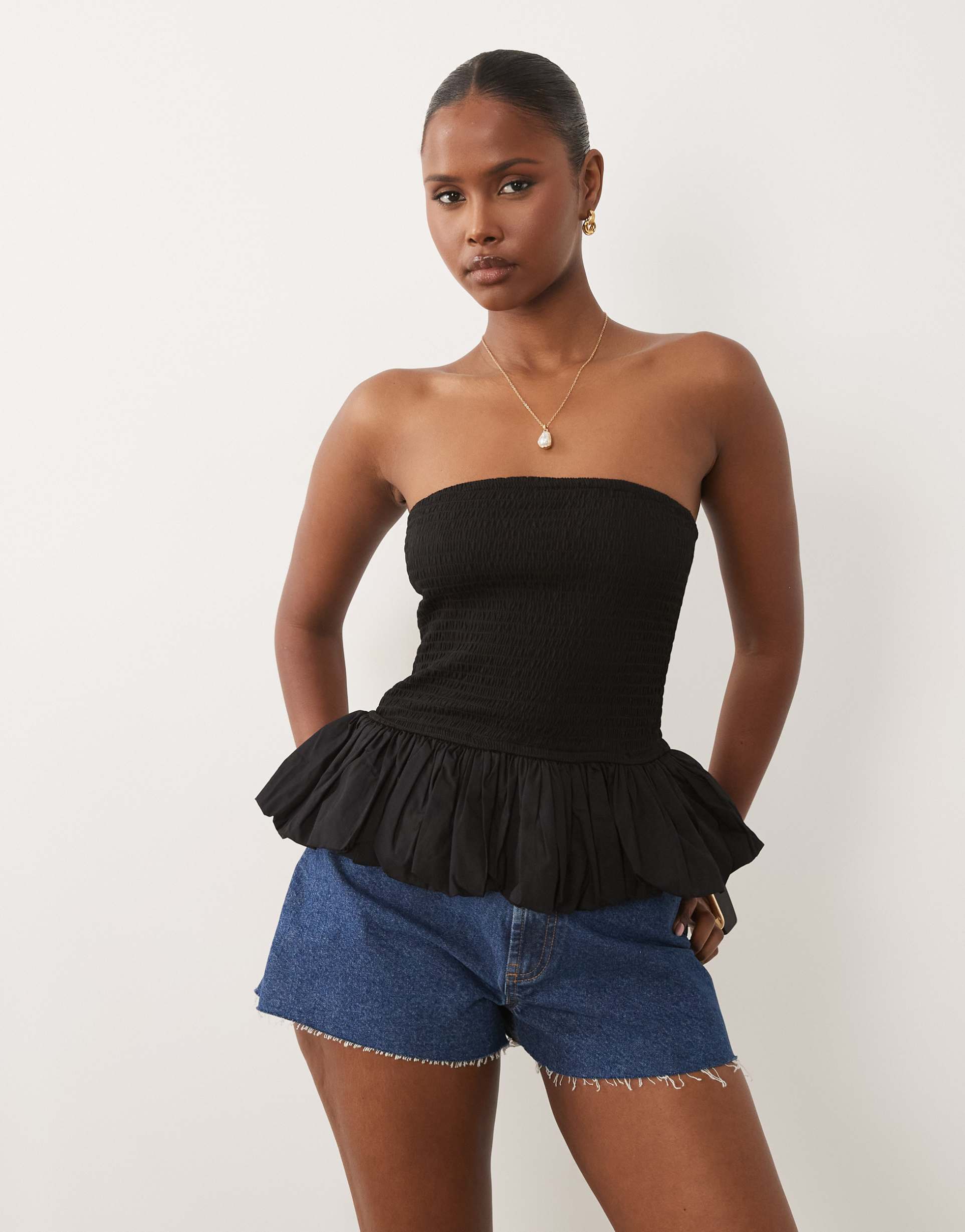 asos design shirred ruffle hem bandeau top in black