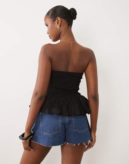 ASOS DESIGN shirred ruffle hem bandeau top in black, 4 of 4