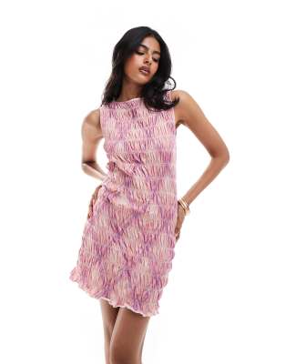 Asos Design Shirred Ruffle Hem Mini Dress In Pink Check-multi