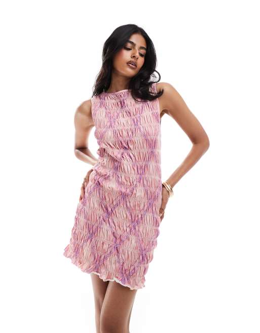 ASOS DESIGN shirred ruffle hem mini dress in pink check