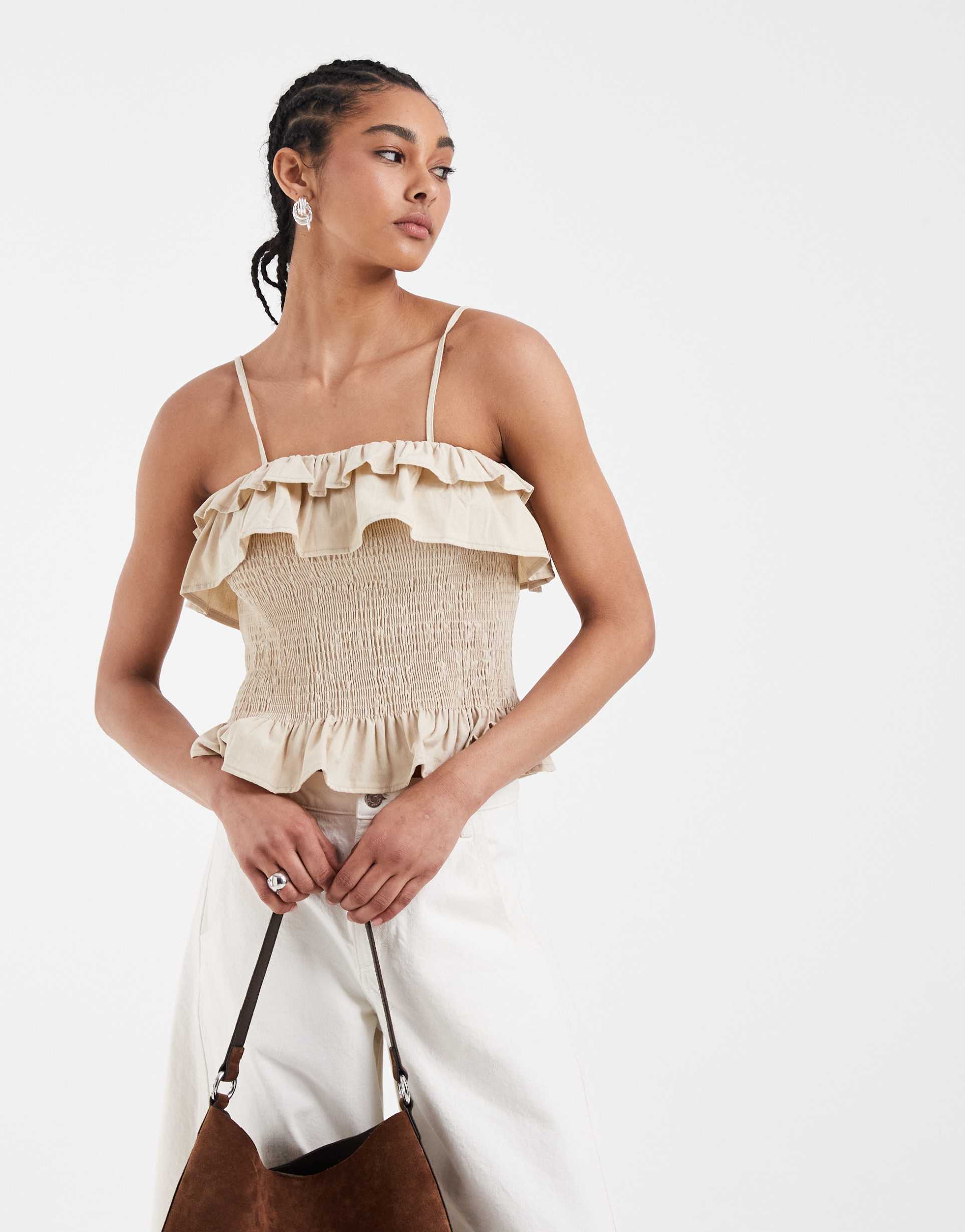 asos design shirred ruffle linen blend cami top set in natural