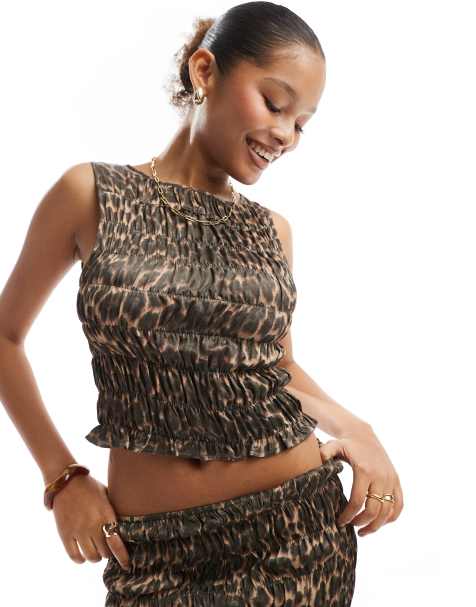 ASOS DESIGN shirred satin slash neck in animal print - view 1