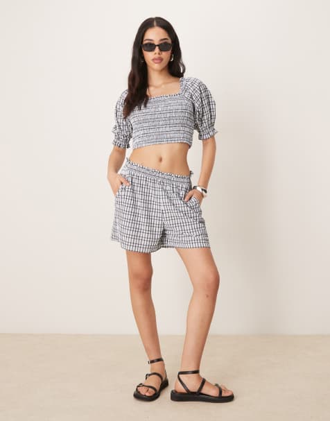 ASOS DESIGN shirred seersucker puff sleeve top and shorts set in blue - view 1