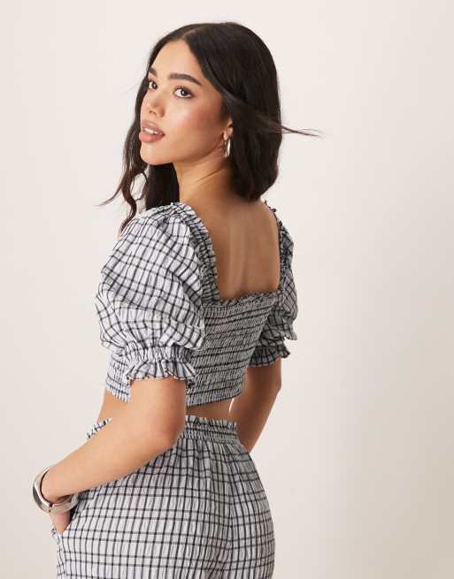 ASOS DESIGN shirred seersucker square neck puff sleeve top co-ord in blue