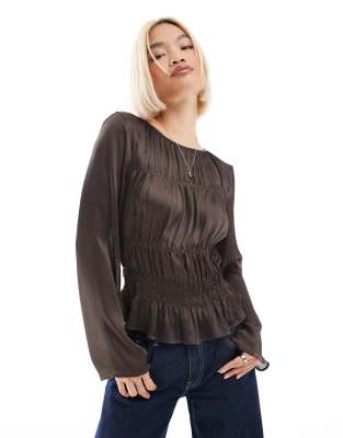 Asos Design Shirred Semi Sheer Blouse In Chocolate-brown